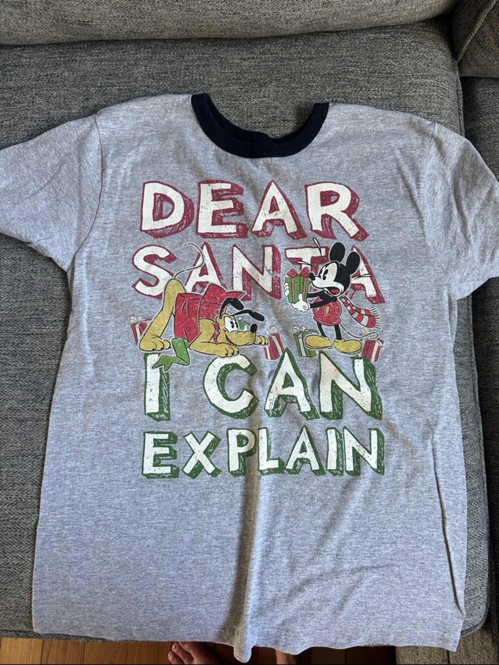 Disney Grey Ringer Tee with Red, Green and Black Holiday Graphic